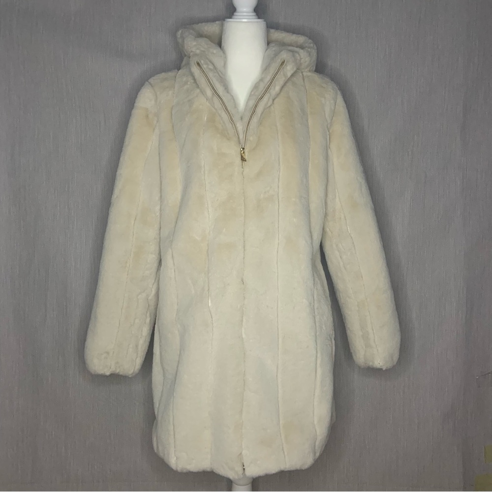 Jones New York Hooded Faux Fur Coat Cream | Excellent Condition | Size Large